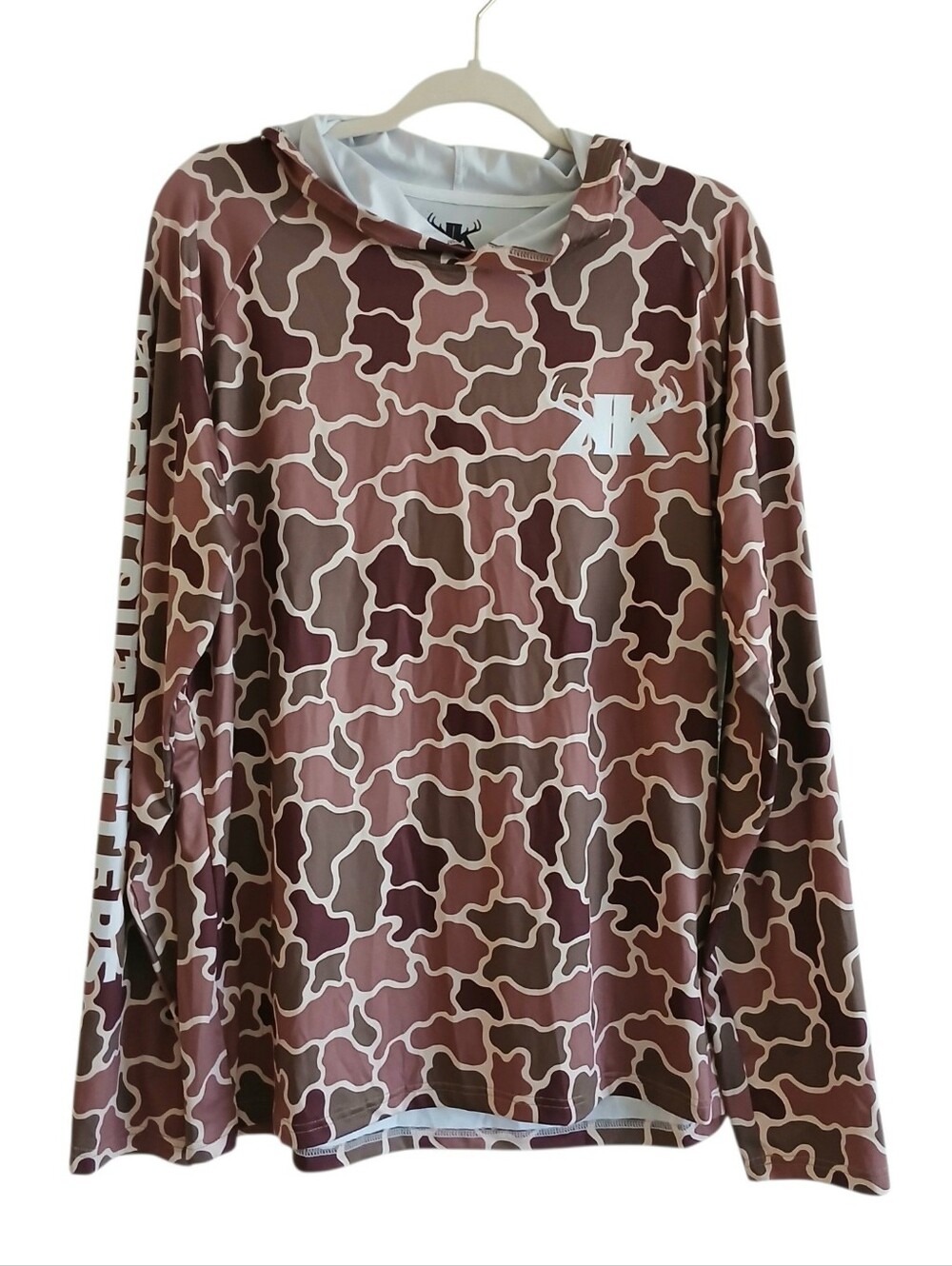 KREW OUTFITTERS UPF 50 Duck Camo Hoodie Men's L Stretch Outdoors Pullover Logo